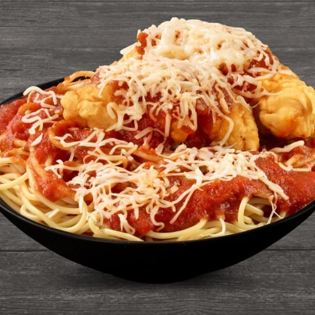 Chicken Parmigiana with Spaghetti.