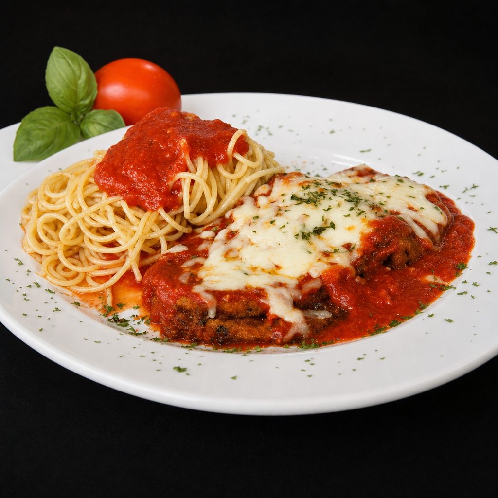 Eggplant Parmigiana with Spaghetti.