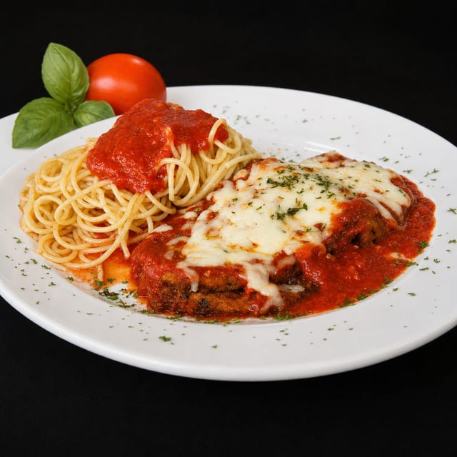 Eggplant Parmigiana with Spaghetti.