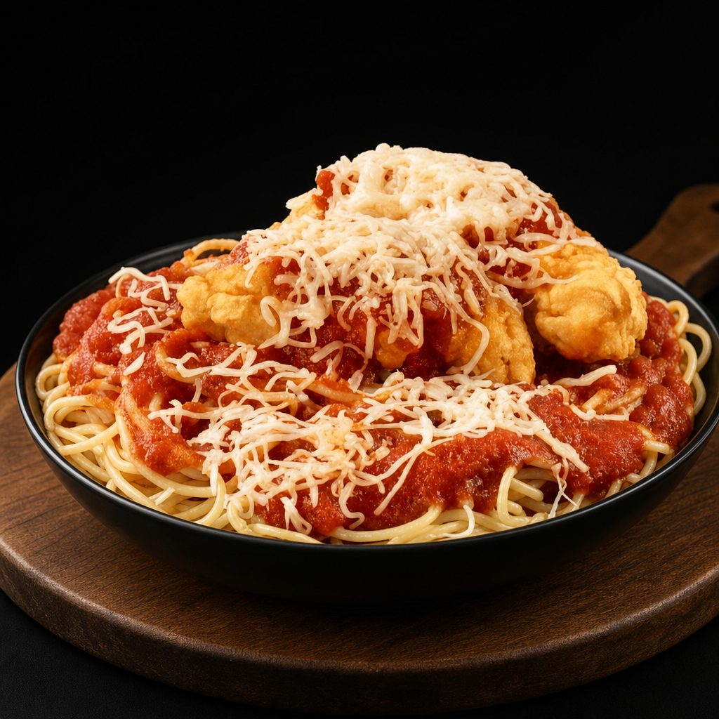 Chicken Parmigiana with Spaghetti.