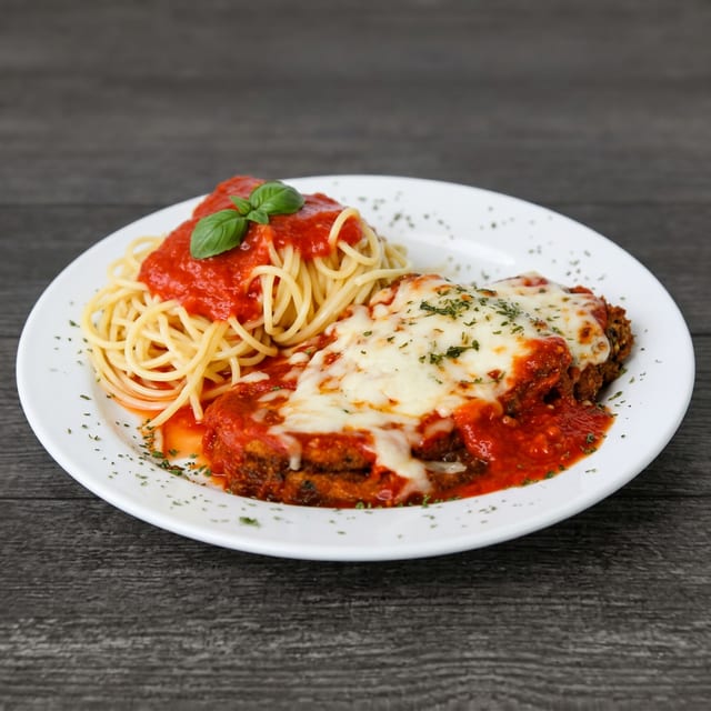 Eggplant Parmigiana with Spaghetti.