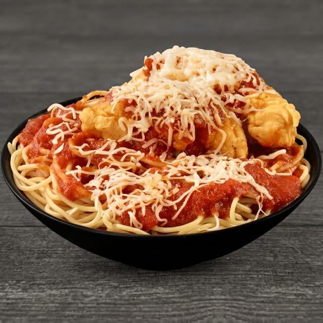 Chicken Parmigiana with Spaghetti.